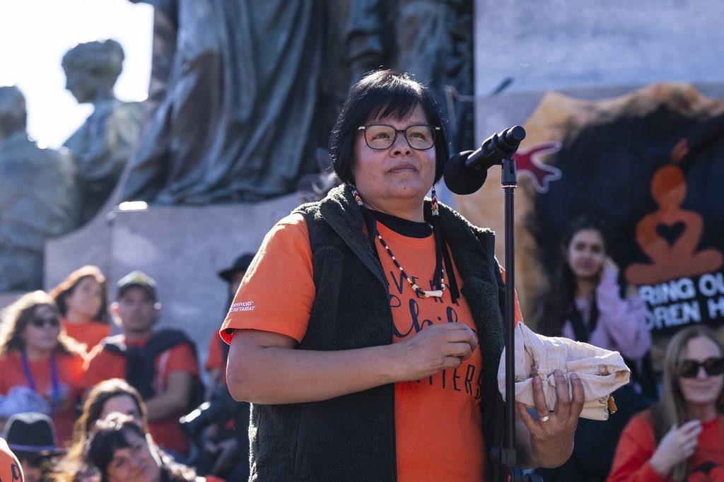 Fay-Lisa Gagne participates in National Day for Truth and Reconciliation, in Montreal, on Tuesday, Sept. 30, 2025. 