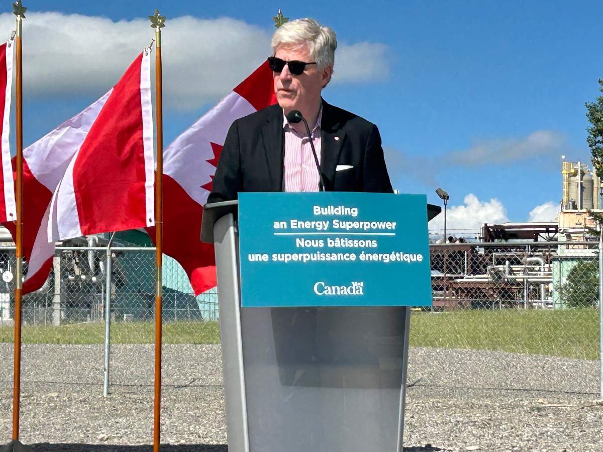 Energy and Natural Resources Minister Tim Hodgson speaks at the Inter Pipeline Extraction Plant in Cochrane, Alta., Friday, July 4, 2025.