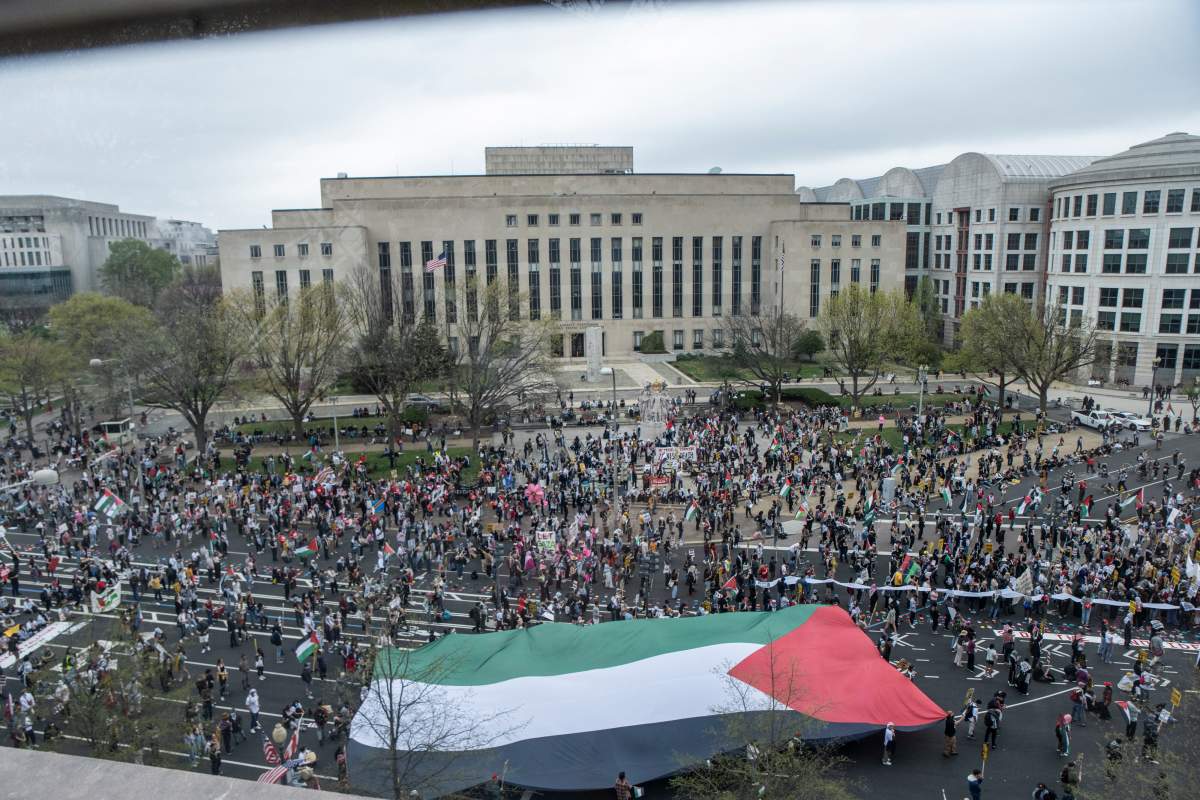Pro-Palestinian protestors march from the National Gallery to ICE Headquarters in Washington, DC, on Saturday April 5, 2025.