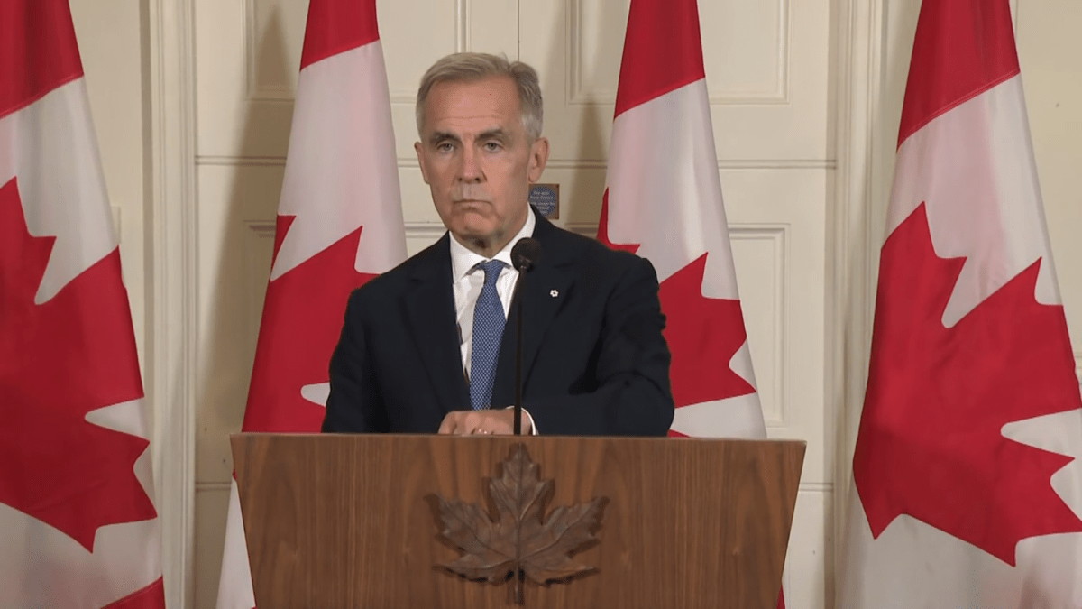 Mark Carney stands behind a podium in front of Canadian flags